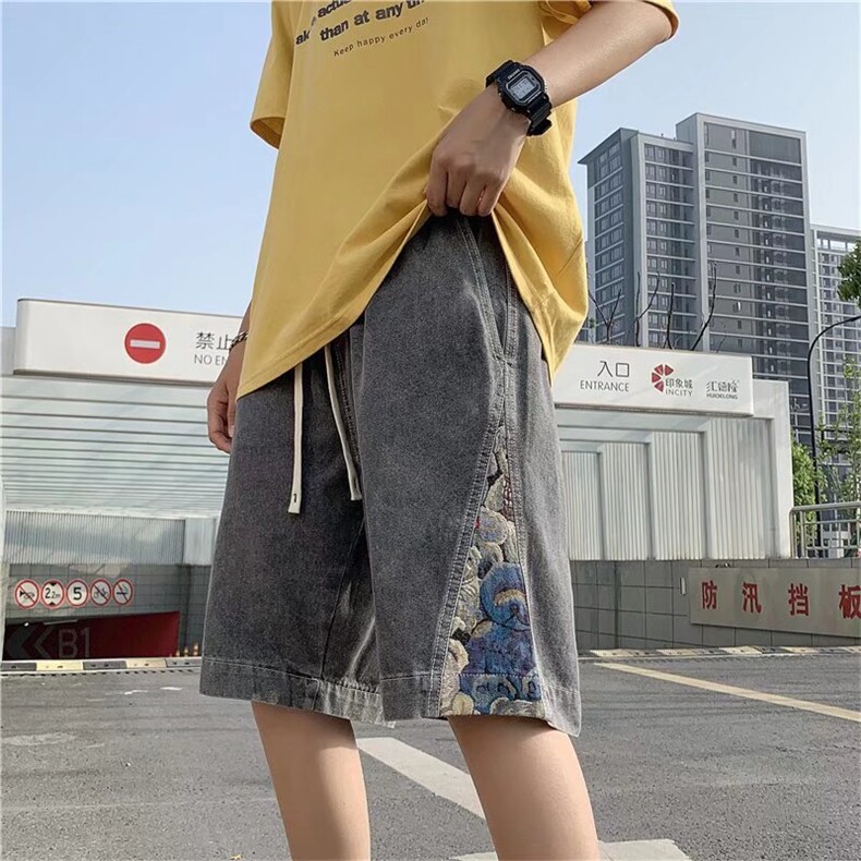 牛仔短裤男夏季ins潮牌五分裤刺绣小熊复古宽松直筒中裤N1681-P40,男装牛仔裤,星座1008