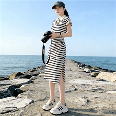 黑白条纹时尚洋气Polo领休闲连衣裙女夏新款收腰显瘦开叉中长裙子，女装套装/套裙，江南