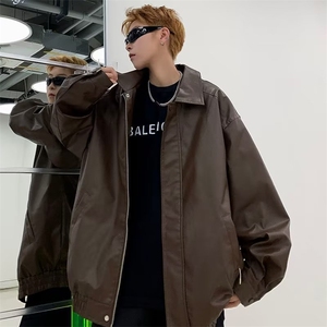 秋季美式复古机车pu皮衣男宽松时尚潮流夹克休闲翻领外套JK911
