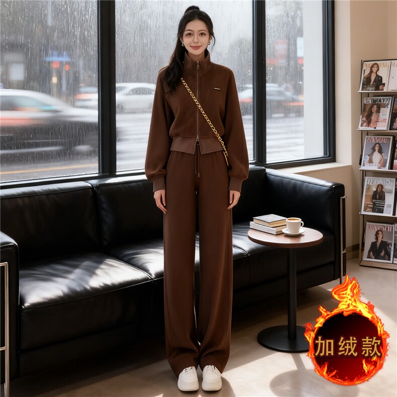 高级感休闲运动套装女秋冬新款时尚减龄拉链开衫卫衣阔腿裤两件套，女装套装/套裙，江南