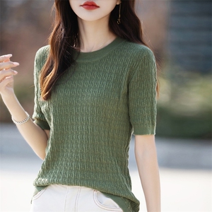 夏季新款100%纯棉针织短袖女圆领提花针织半袖T恤打底衫宽松上衣图片