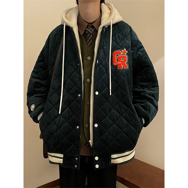 冬款加棉休闲毛巾绣棉服潮假两件连帽外套男士8135-P140 控价178图片