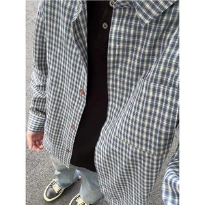 日系复古蓝白格子衬衫男女夏季cleanfit叠穿长袖衬衣防晒外套 C16图片