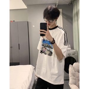 夏季美式高街重磅纯棉三条杠织带撞色男女短袖T恤ZD526-特P30图片
