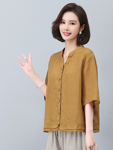 优雅刺绣苎麻短袖上衣 夏季宽松显瘦女装衬衫图片