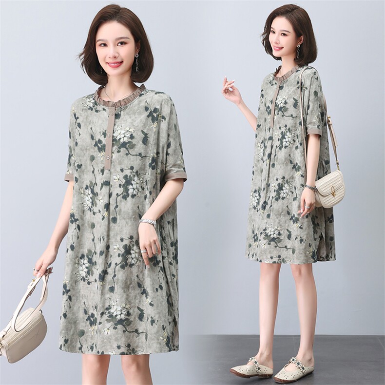 连衣裙女2024新款夏季洋气直筒加肥大码小个子妈妈高贵棉麻风裙子，女装连衣裙，依恋蒂丝