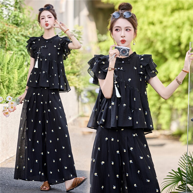 新中式刺绣盘扣国风女神范套装夏季新款高级感巨好看阔腿裤两件套,女装套装/套裙,伊仟回