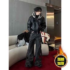 现货冬季美式潮牌痞帅PU皮机车服棉衣毛毛绒狼王座山雕皮棉服，男装棉衣，电商A486-1