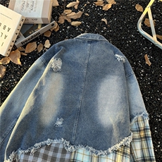 潮牌不规则假两件格子拼接破洞牛仔夹克男女ins潮流外套NY8972，男装工装外套，星座601-1