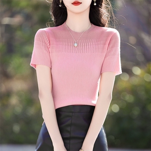 2025夏季新款薄款镂空半高领网纱蕾丝领短袖冰丝针织衫修身女上衣图片