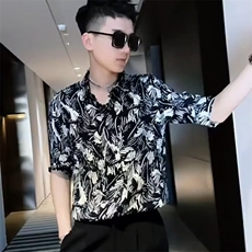 夏季薄款男五分袖个性衬衫短袖休闲痞帅花衬衣男装百搭半袖寸衫潮，男装T恤，电商B212（原钱塘6029）