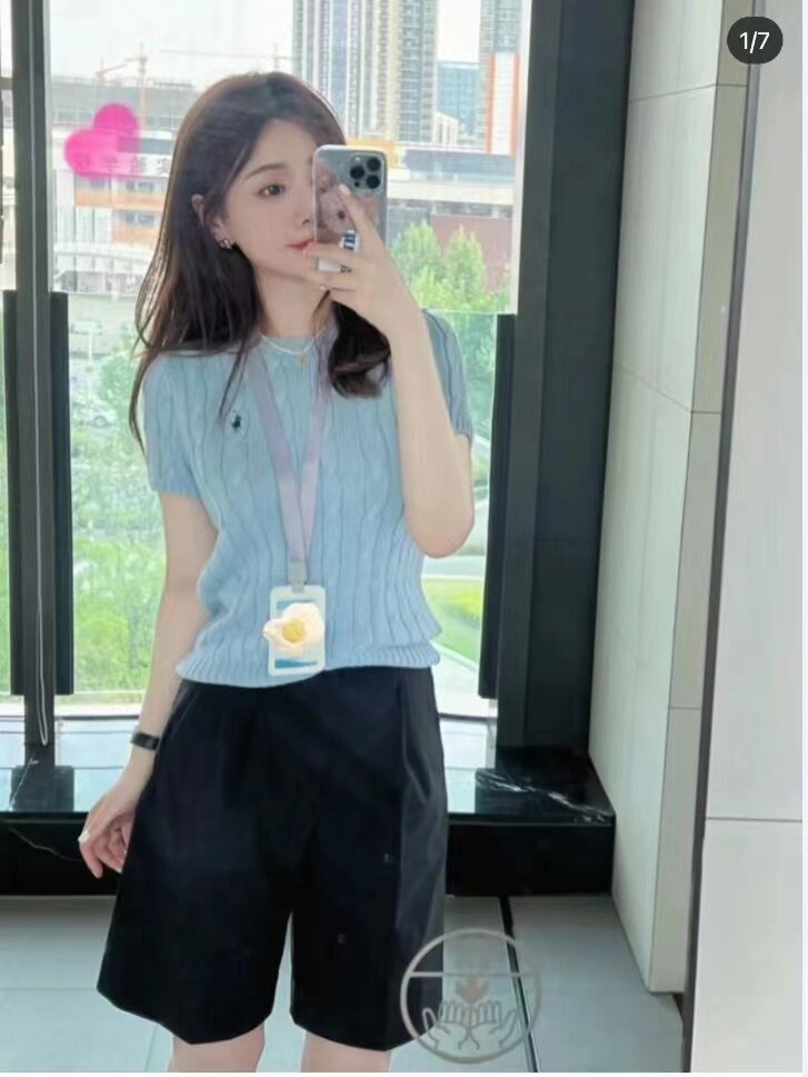 夏季宽松短袖女复古麻花低圆领针织衫百搭修身T恤上衣,女装T恤,半城羊绒