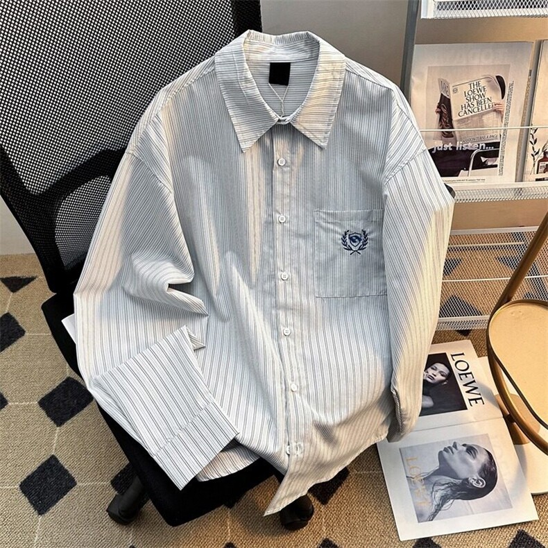 美式复古刺绣学院风条纹衬衫男女宽松休闲长袖衬衣外套男CY121,男装衬衫,星座601-1