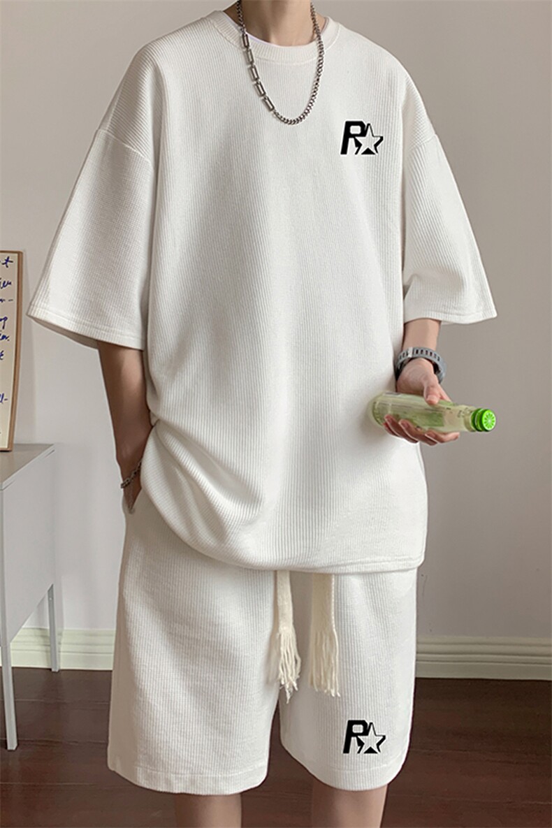 套装！华夫格套装男T恤短裤两件套大码港风TZ113-P50,男装休闲套装,电商B367