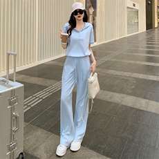 盐系高级感时尚气质套装女夏季新款蕾丝拼接连帽短袖阔腿裤两件套，女装套装/套裙，江南