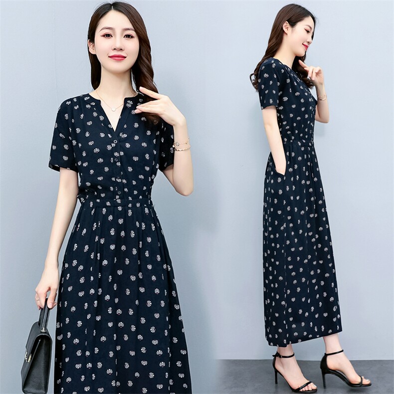 气质v领连衣裙长款女夏2025年新款法式茶歇裙黑色碎花雪纺长裙子，女装连衣裙，木橙西子