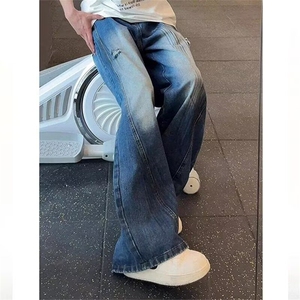 复古蓝工装弯刀牛仔裤男青少年裤子直筒宽松阔腿微喇裤N0841-P50图片