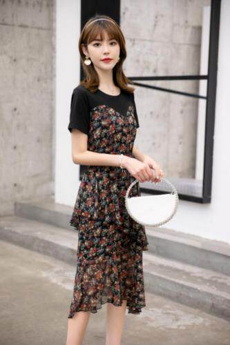 现货供应：针织拼接雪纺连衣裙M一XXL，女装连衣裙，拉思维加丝