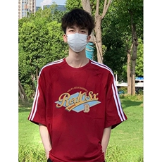 抖音得物高品质二开240克宽松纯棉美式潮牌三条杠织带短袖T恤，男装T恤，电商A486-1