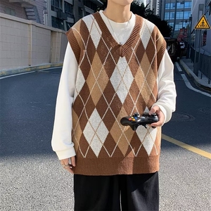 韩版复古休闲菱格毛衣背心男日系学院潮流格坎肩针织毛衣男 MB33图片