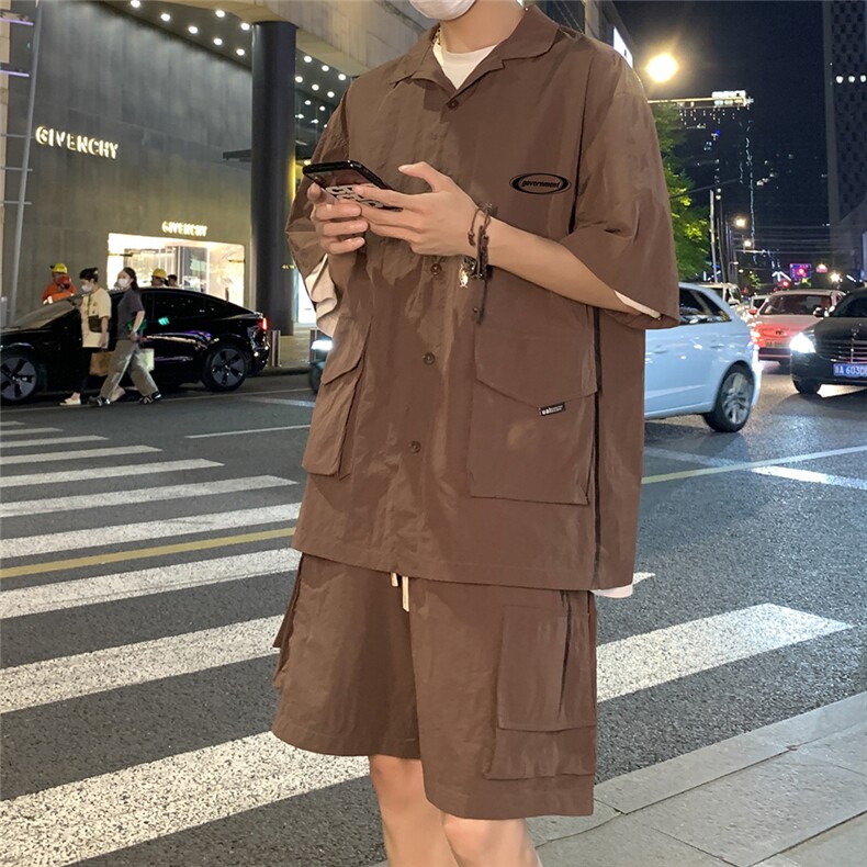 港风新款夏季时尚开衫工装短袖美式垂感短裤套装TZ613801P75控98,男装牛仔裤,电商A268A