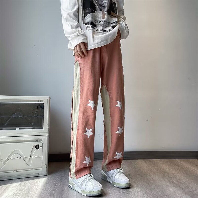 潮个性星星直筒牛仔裤男女小众百搭拼接ins美式长裤N0831-P58,男装牛仔裤,星座308B-1