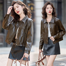 2025秋季新款翻领是谁潮流皮衣外套机车服，女装皮衣，1C078