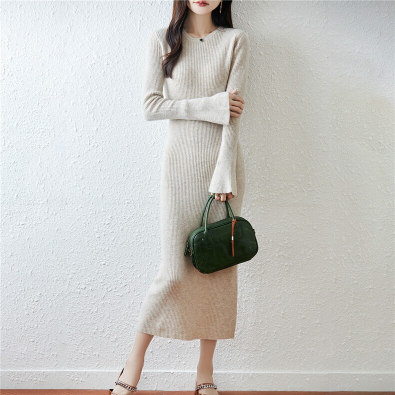 2025百搭时尚长款圆领喇叭袖羊毛衫，女装连衣裙，越洋羊