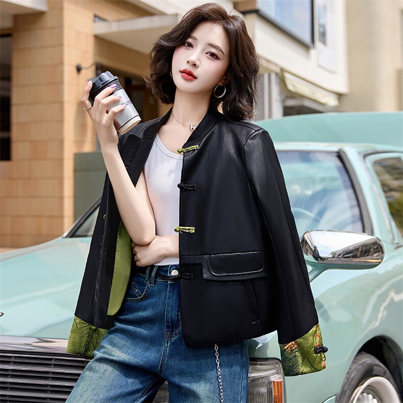 海宁盘扣皮衣外套女2025春季新款复古高级感气质短款黑色上衣服,女装皮衣,江南女神