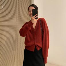 2024春秋新款宽松V领外搭长袖毛衣针织开衫女纯色上衣，女装羊毛衫，恩泰羊绒