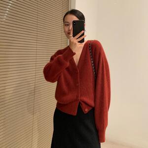 2024春秋新款宽松V领外搭长袖毛衣针织开衫女纯色上衣图片