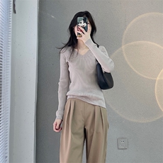 V领长袖套头纯色2024年秋季时尚气质针织衫，女装针织衫/毛衣，鹏源羊绒