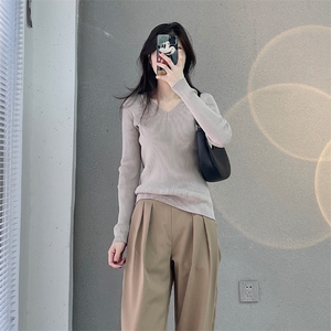 V领长袖套头纯色2024年秋季时尚气质针织衫，女装针织衫/毛衣，鹏源羊绒