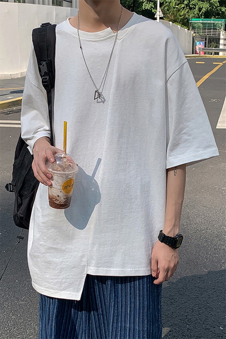 休闲五分袖潮流不规则上衣港风文艺设计拼接感T桖HY30TP35控48,男装T恤,电商A102B