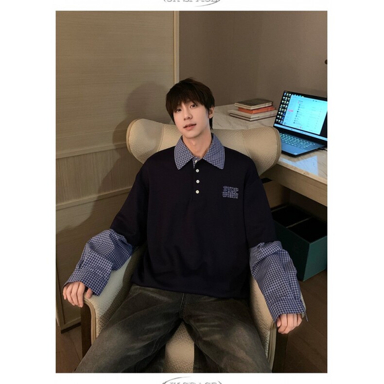 简约秋季格子拼接假两件长袖t恤休闲百搭衬衫老钱风cleanfit,男装T恤,星座813-2