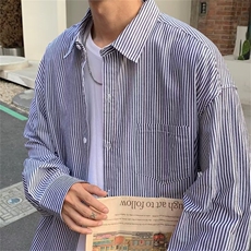 条纹衬衫春季男女港风复古长袖衬衣韩版潮流宽松休闲百搭C520-P30，男装衬衫，星座1008