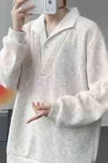 美式男士卫衣慵懒风彩点假两件翻领毛衣外衣宽松休闲针织衫，男装针织衫/毛衣，电商B319