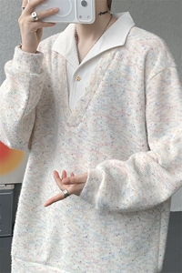 美式男士卫衣慵懒风彩点假两件翻领毛衣外衣宽松休闲针织衫图片