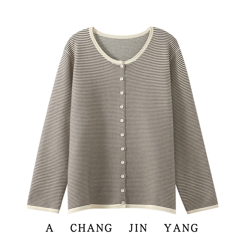 2025年秋季新款条纹针织女士开衫时尚休闲通勤百搭，女装针织衫/毛衣，长今羊