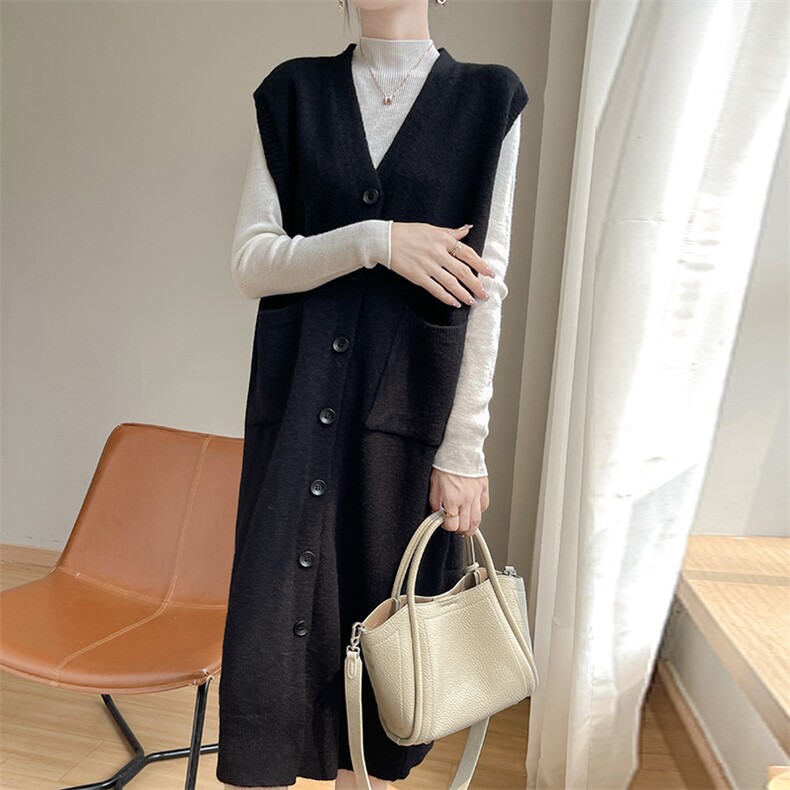 25春季V领单排扣马夹背心女中长款无袖坎肩毛衣针织开衫韩版外搭，女装连衣裙，圣丽羊绒