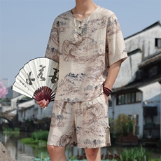2025夏季新款男装风冰丝竹叶印花盘扣套装短袖+短裤A102-P80，男装休闲套装，电商B277(原6028)