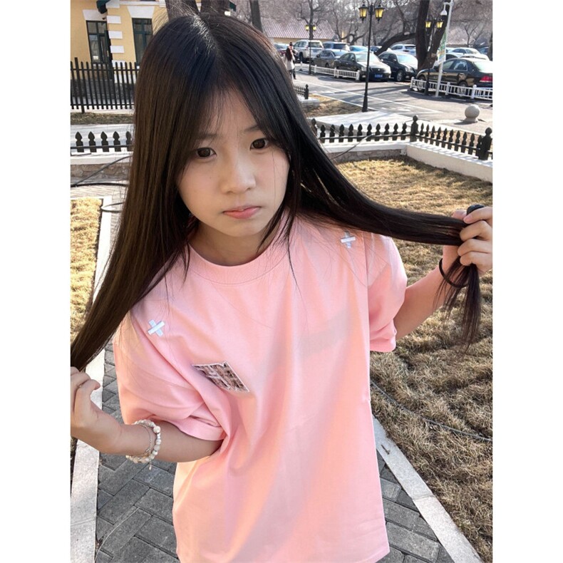 H0860-P35推荐#贴布刺绣简约粉色短袖T恤,女装T恤,星座617A-2