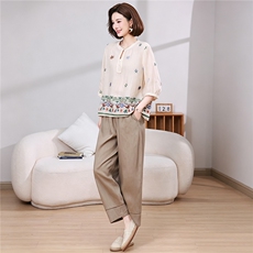 2026夏季新款套装女刺绣上衣阔腿裤百搭显瘦两件套，女装套装/套裙，忆绮罗