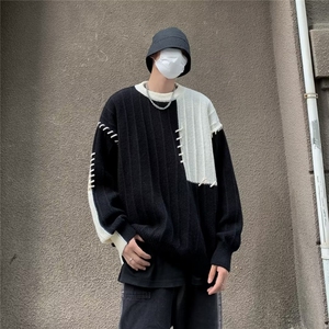 拼接撞色毛衣男冬季潮宽松休闲慵懒风设计感小众套头针织衫P55图片