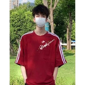 抖音得物高品质二开240克宽松纯棉美式潮牌三条杠织带短袖T恤图片