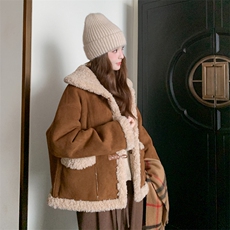 2025年冬季冬麂皮绒毛外套加绒加厚冬新款皮毛一体两面穿，女装羊羔毛/颗粒绒，欣美人