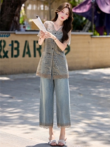 衫蕾丝拼接牛仔2件套女2026夏新显瘦蕾丝牛仔衬衫阔腿裤时尚套装图片