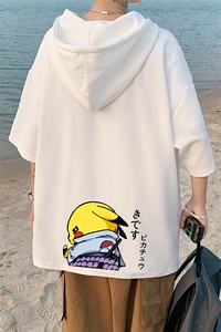 LD54036-P45 连帽短袖t恤男大码胖子带帽五分袖中袖图片
