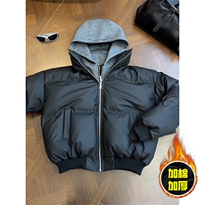 现货高品质重磅工艺美式高街假两件PU皮棉衣男女加厚棉服外套，男装棉衣，电商A443