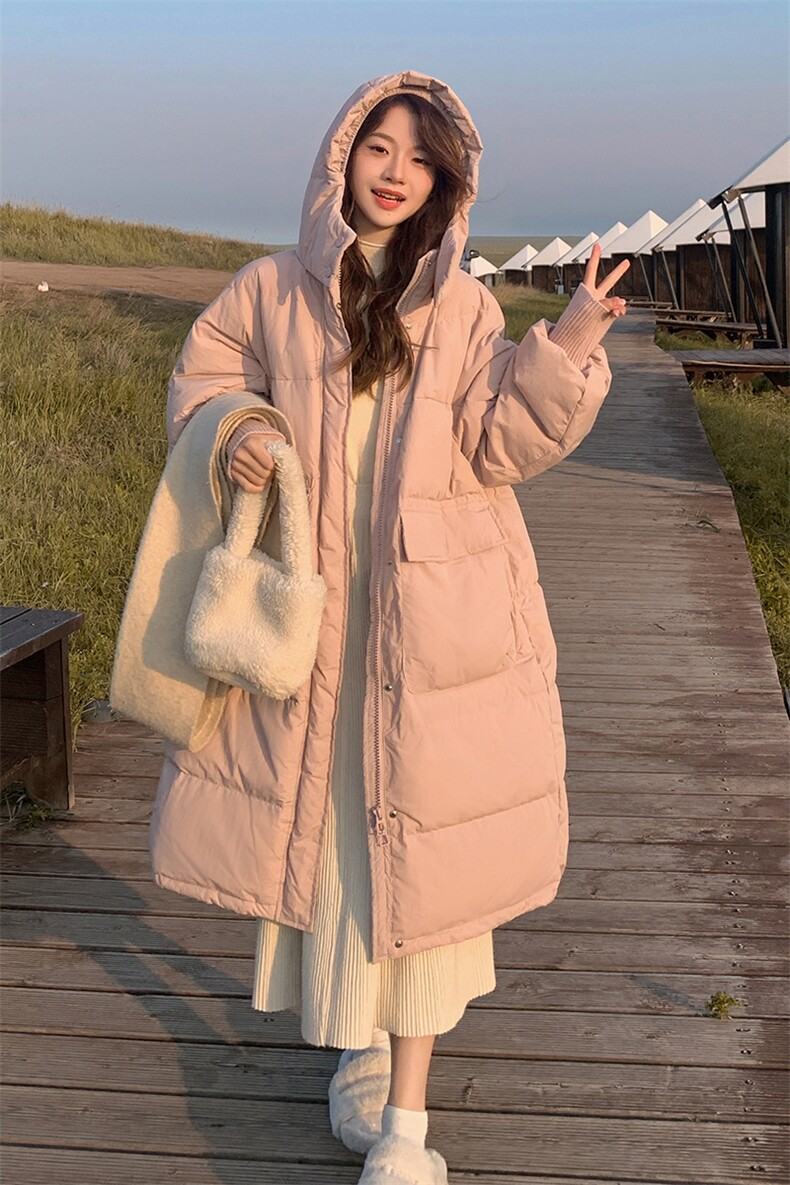 粉色中长款羽绒服女冬2024新款韩版宽松加厚小个子温柔风过膝外套,女装羽绒服,诺蝶